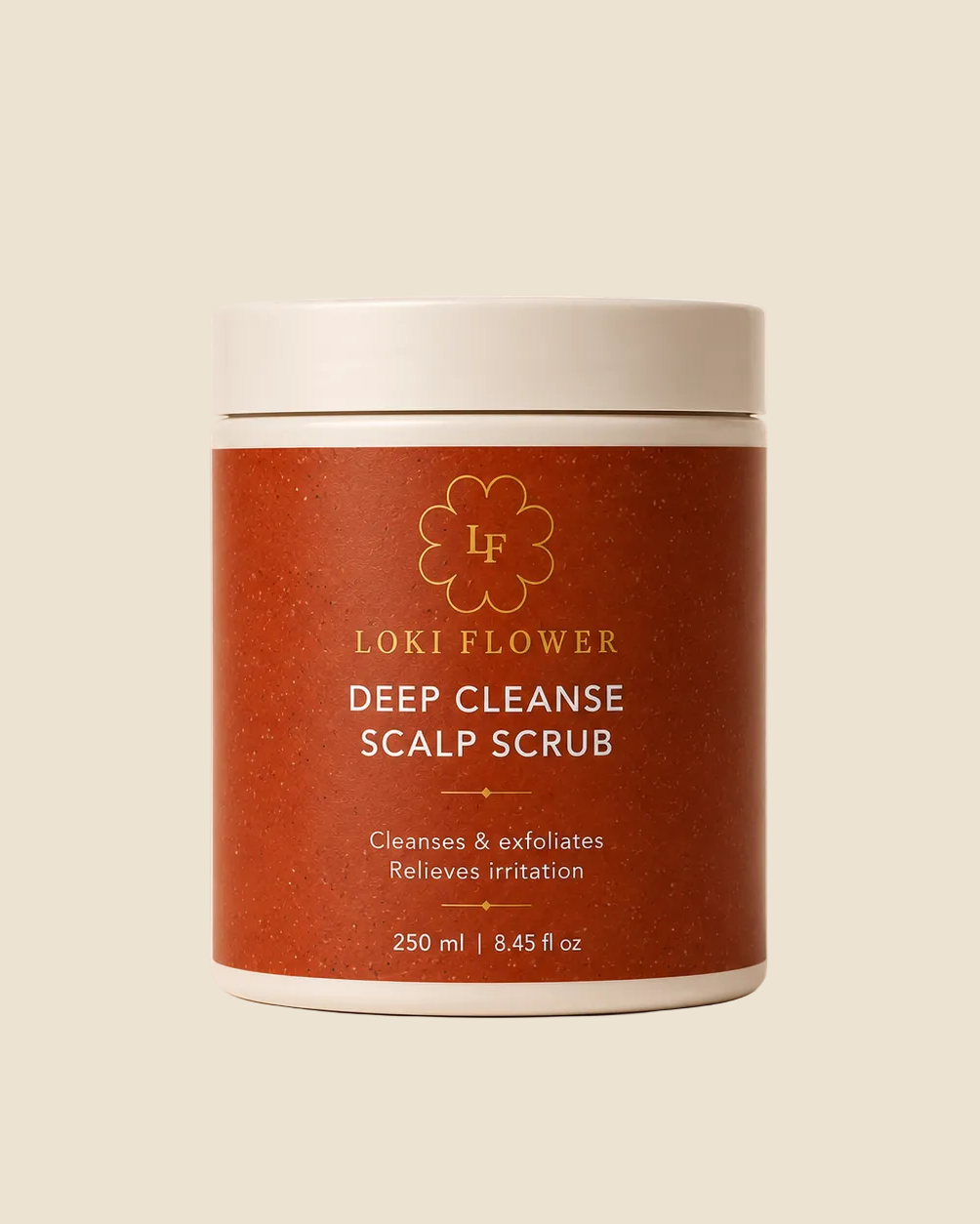 Loki Flower deep cleanse scalp scrub container on a beige background