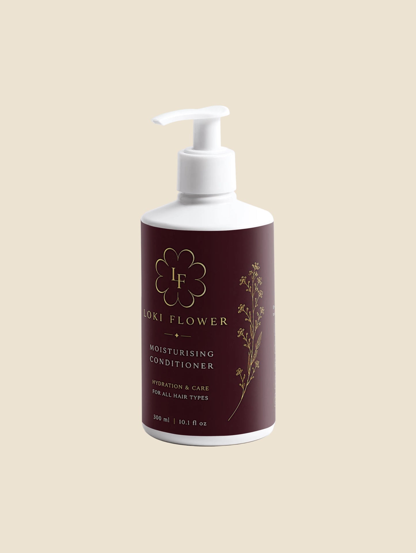 Moisturizing conditioner bottle with maroon label on a white background