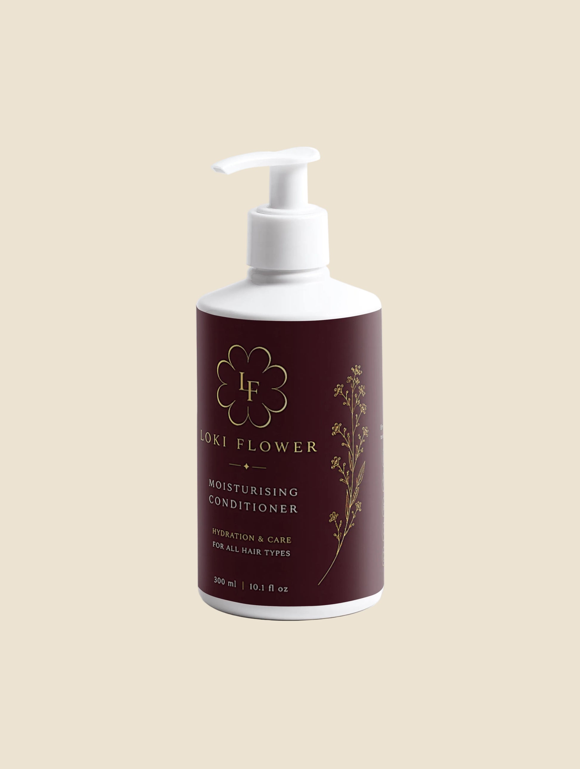Moisturizing conditioner bottle with maroon label on a white background
